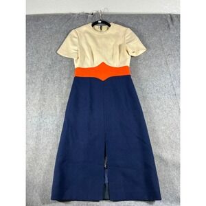 VTG 60s Mollie Parnis Dress Women XS Cream Blue Colorblock Midi Short Sleeve 70s
